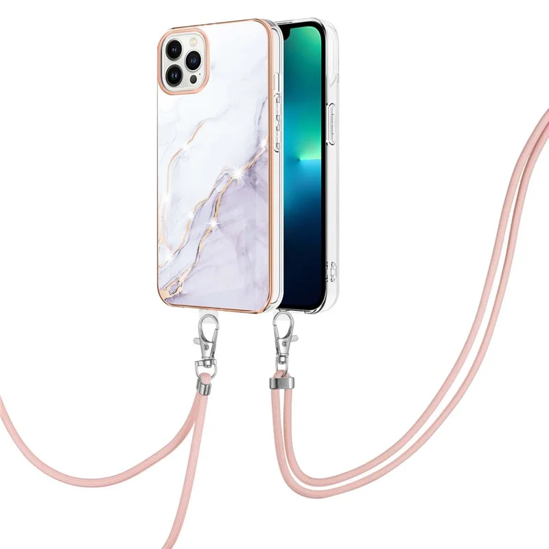Série YB IMD-9 pour iPhone 15 Pro Étui de téléphone en TPU électroplaqué avec motif marbre IMD et lanière - Blanc 006