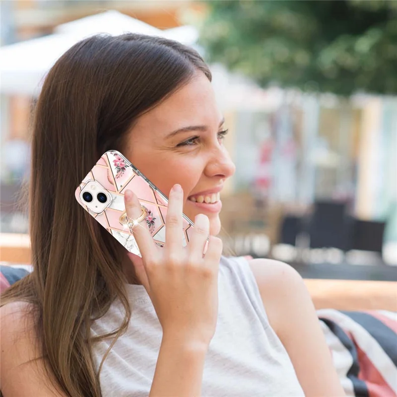For iPhone 15 Case with Ring Kickstand IMD Marble Pattern TPU Back Cover - Pink Flowers