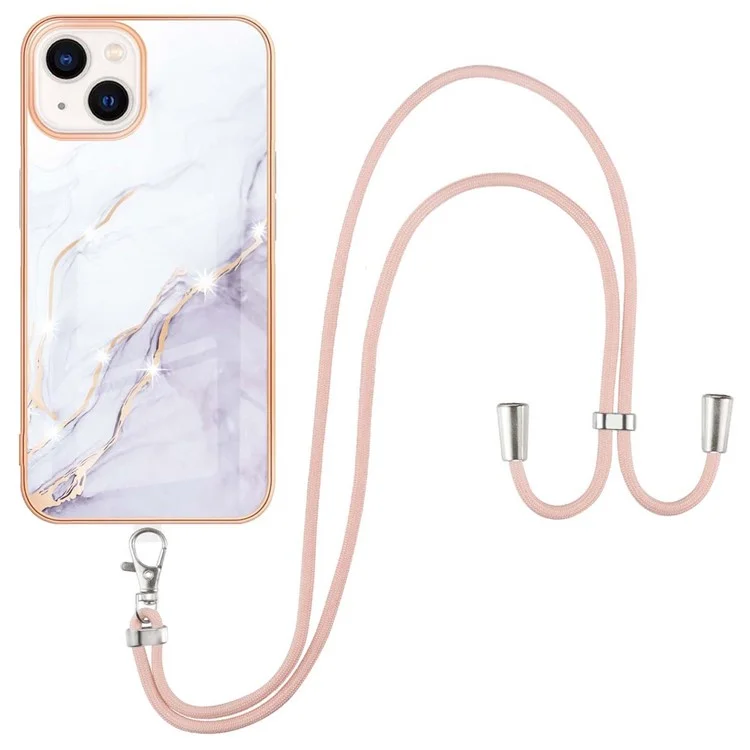 For iPhone 15 Case with Shoulder Strap IMD IML Flower Pattern TPU Back Cover - White 006