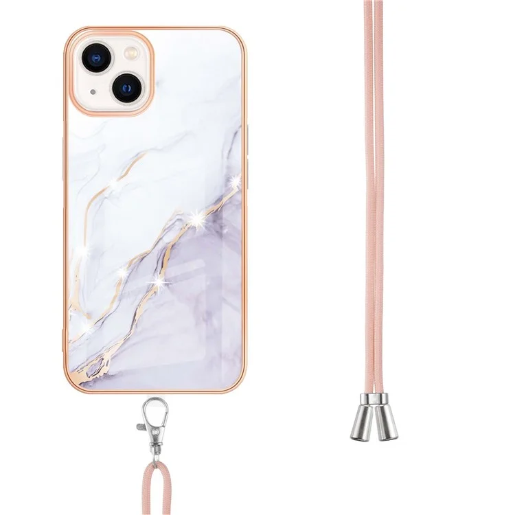 For iPhone 15 Case with Shoulder Strap IMD IML Flower Pattern TPU Back Cover - White 006
