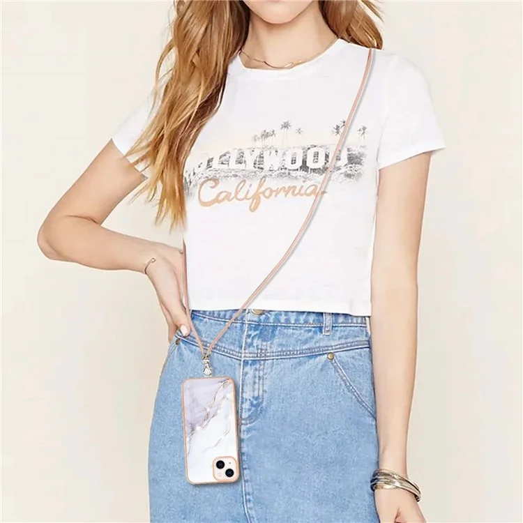 For iPhone 15 Case with Shoulder Strap IMD IML Flower Pattern TPU Back Cover - White 006
