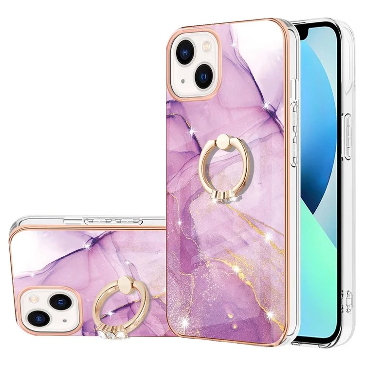 YB IMD Series-10 Custodia per Cellulare Elettroplaccata per iPhone 15, Supporto a Rotella IMD Marmo TPU Cover per Telefono - Viola 001