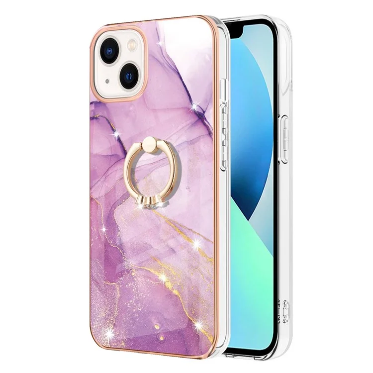 YB IMD Series-10 Custodia per Cellulare Elettroplaccata per iPhone 15, Supporto a Rotella IMD Marmo TPU Cover per Telefono - Viola 001