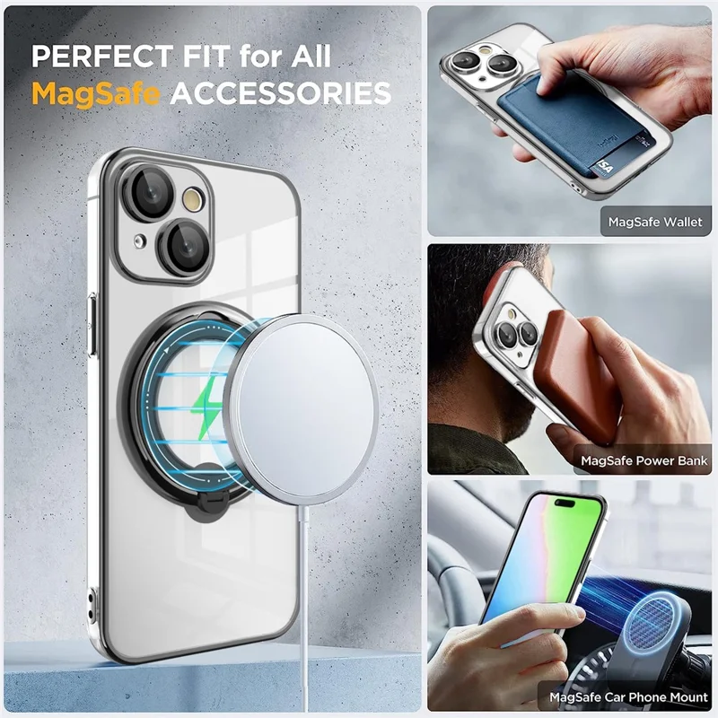 Rotatable Ring Kickstand Case for iPhone 15 , PC+TPU Magnetic Phone Cover Compatible with MagSafe - Black