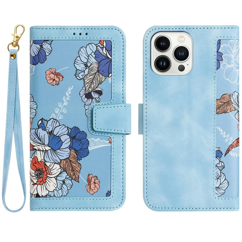 Kreditkartenfächer Lederhülle für iPhone 15 Pro, Blumenmuster Drucken Handy-Ständer Cover - Baby Blue