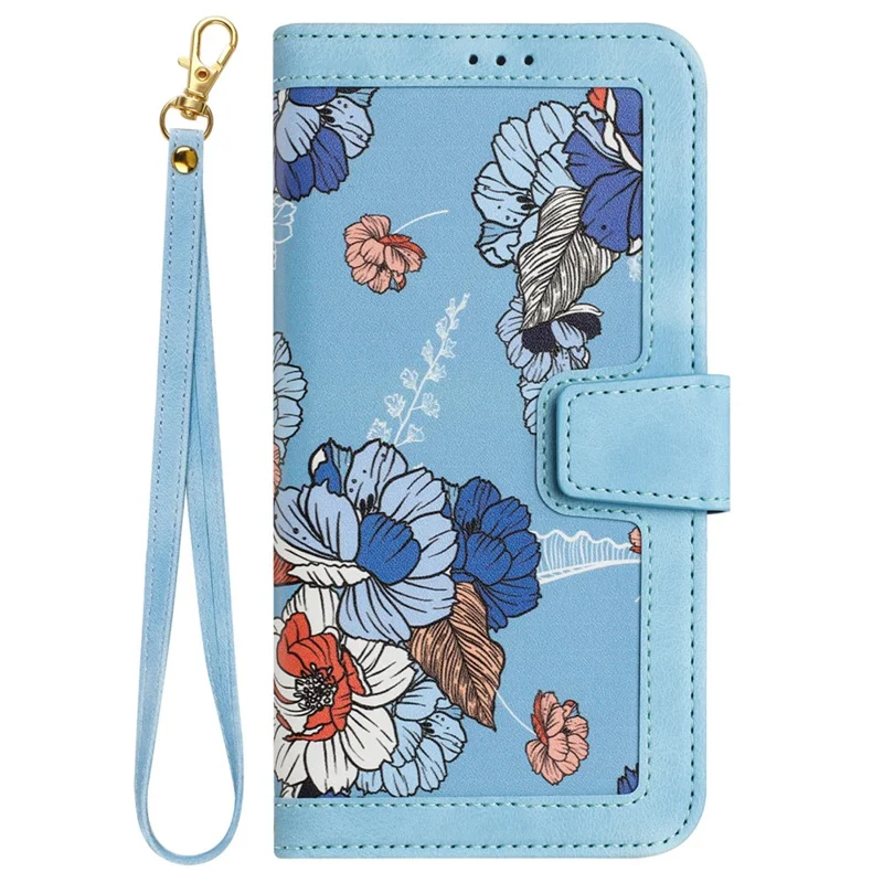 Kreditkartenfächer Lederhülle für iPhone 15 Pro, Blumenmuster Drucken Handy-Ständer Cover - Baby Blue