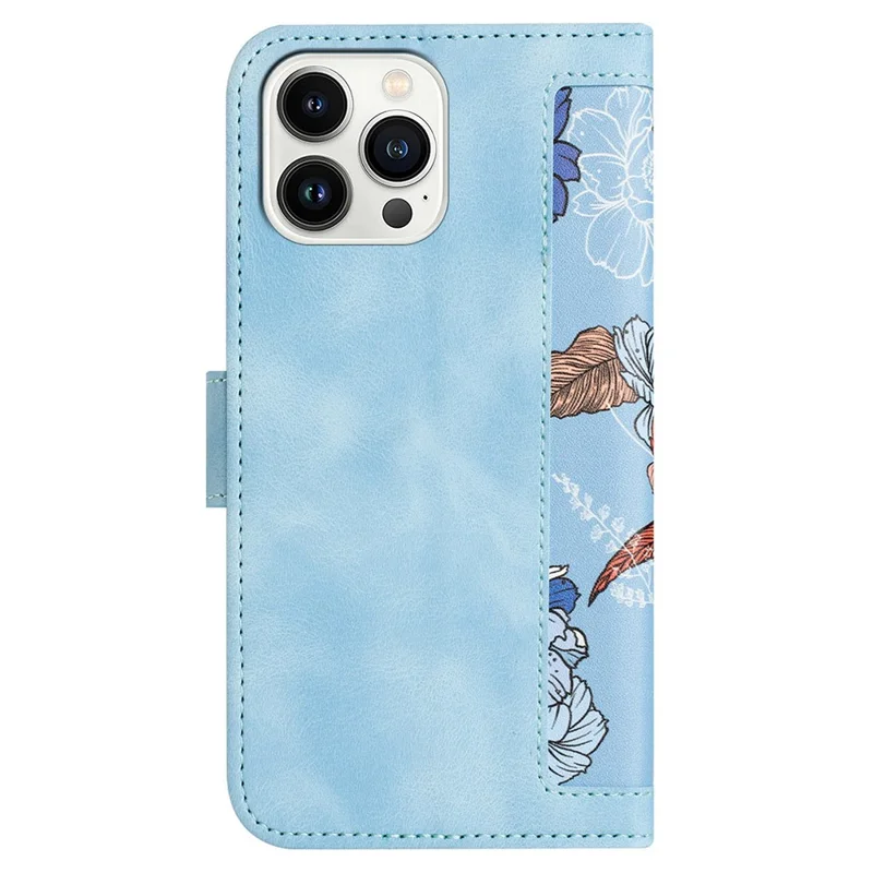 Kreditkartenfächer Lederhülle für iPhone 15 Pro, Blumenmuster Drucken Handy-Ständer Cover - Baby Blue