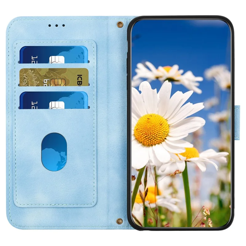 Kreditkartenfächer Lederhülle für iPhone 15 Pro, Blumenmuster Drucken Handy-Ständer Cover - Baby Blue