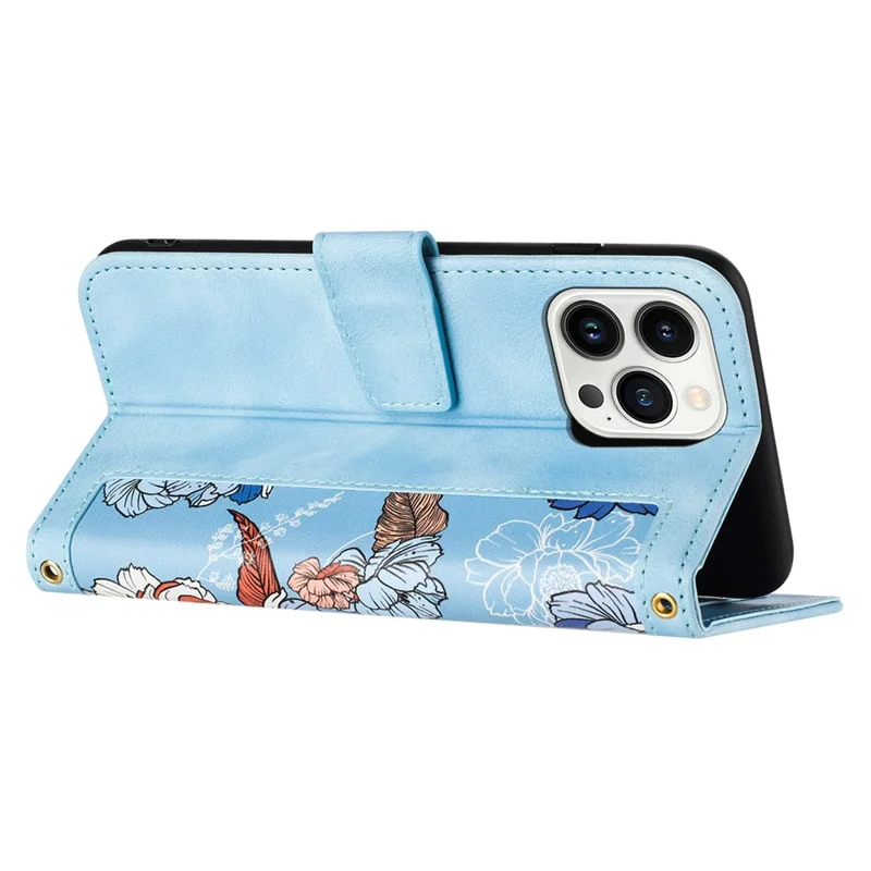 Kreditkartenfächer Lederhülle für iPhone 15 Pro, Blumenmuster Drucken Handy-Ständer Cover - Baby Blue