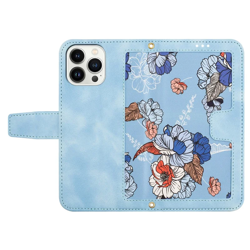 Kreditkartenfächer Lederhülle für iPhone 15 Pro, Blumenmuster Drucken Handy-Ständer Cover - Baby Blue