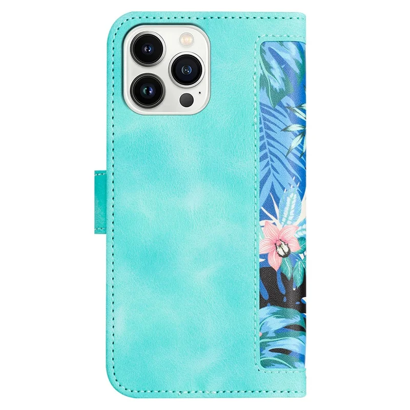 Card Slots Leather Case for iPhone 15 Pro , Flower Pattern Printing Cell Phone Stand Cover - Green