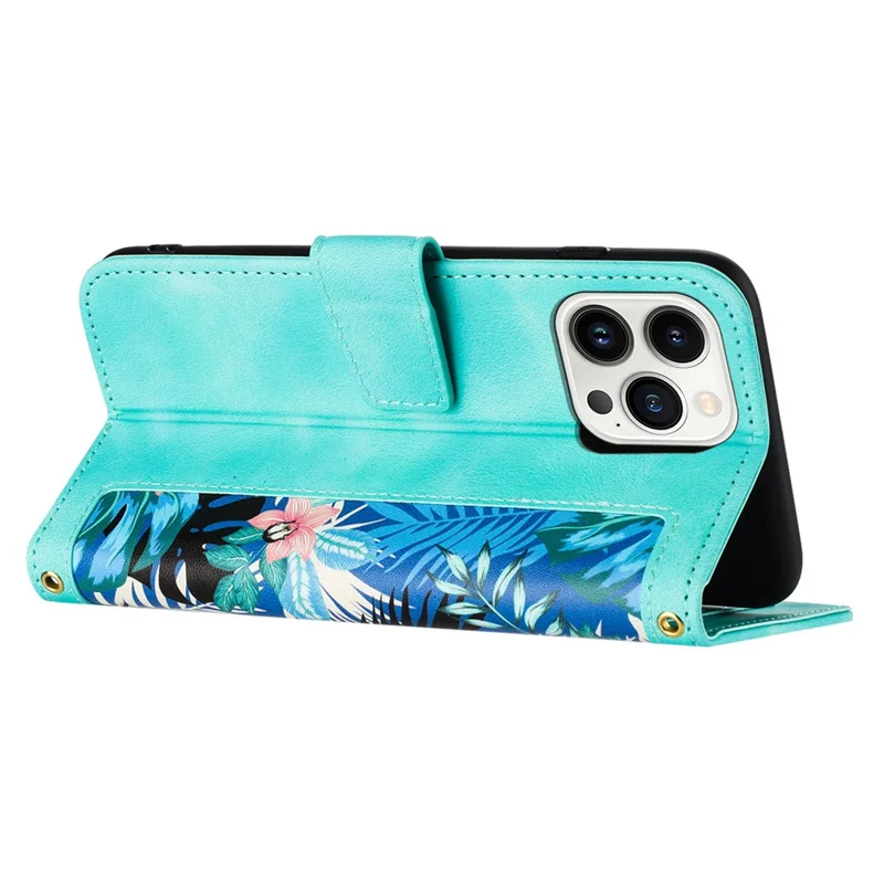 Card Slots Leather Case for iPhone 15 Pro , Flower Pattern Printing Cell Phone Stand Cover - Green