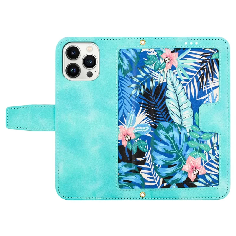 Card Slots Leather Case for iPhone 15 Pro , Flower Pattern Printing Cell Phone Stand Cover - Green