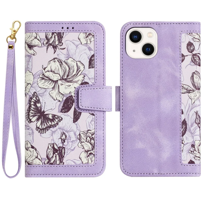 Flower Pattern Printing Leather Case for iPhone 15 , Card Holder Stand Phone Cover - Light Purple