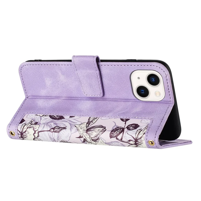 Flower Pattern Printing Leather Case for iPhone 15 , Card Holder Stand Phone Cover - Light Purple