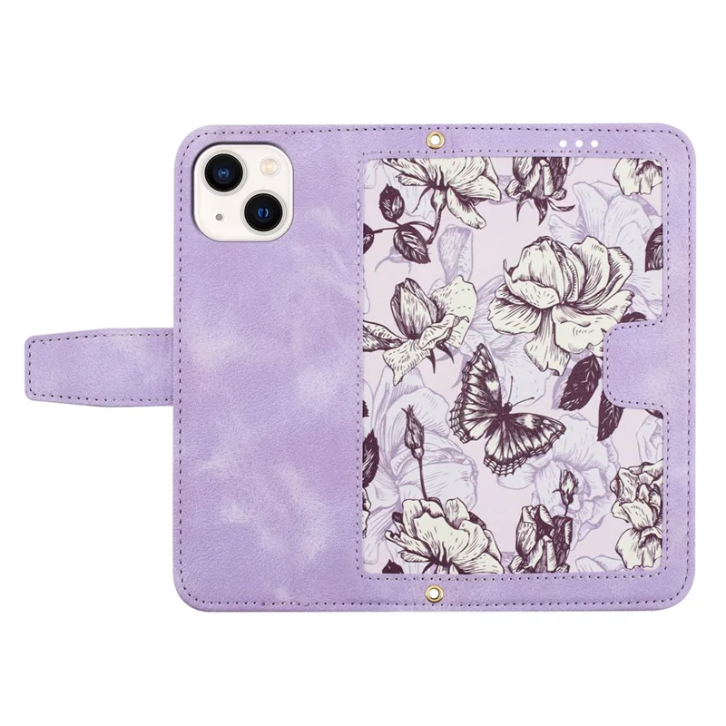 Flower Pattern Printing Leather Case for iPhone 15 , Card Holder Stand Phone Cover - Light Purple