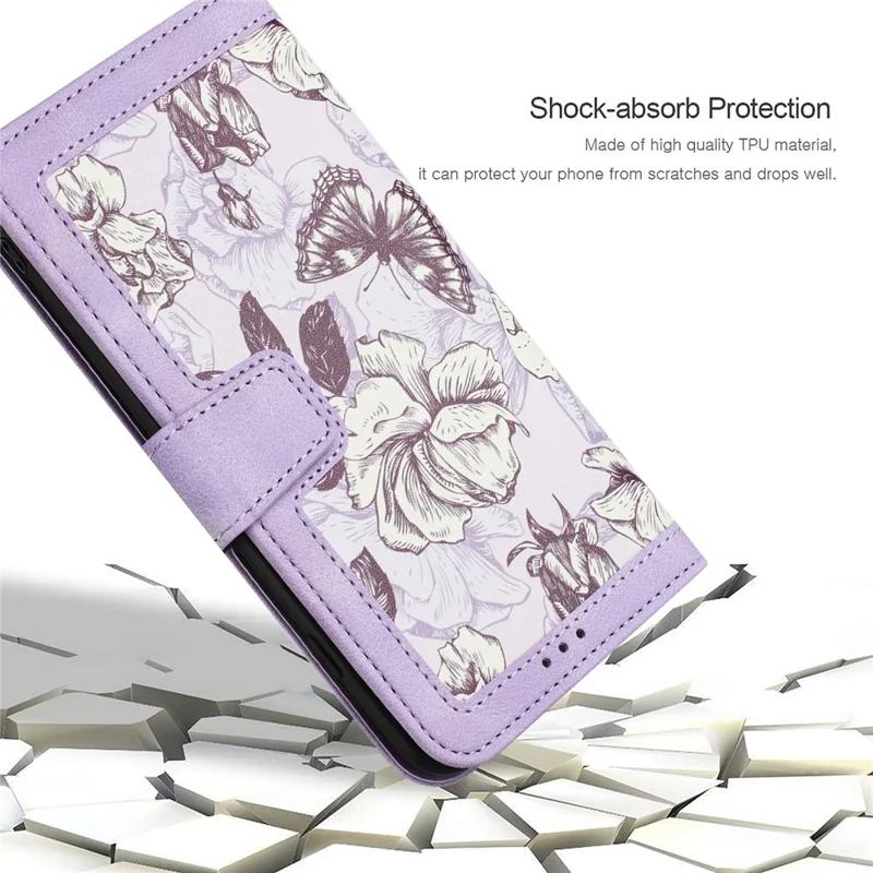 Flower Pattern Printing Leather Case for iPhone 15 , Card Holder Stand Phone Cover - Light Purple