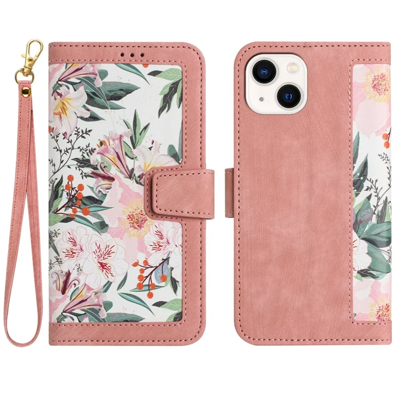 Flower Pattern Printing Leather Case for iPhone 15 , Card Holder Stand Phone Cover - Pink