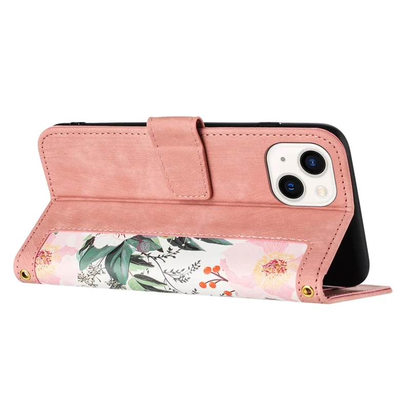 Flower Pattern Printing Leather Case for iPhone 15 , Card Holder Stand Phone Cover - Pink