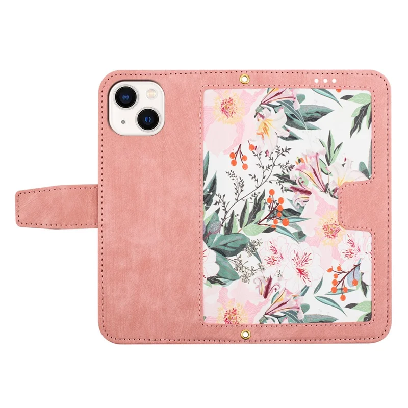 Flower Pattern Printing Leather Case for iPhone 15 , Card Holder Stand Phone Cover - Pink