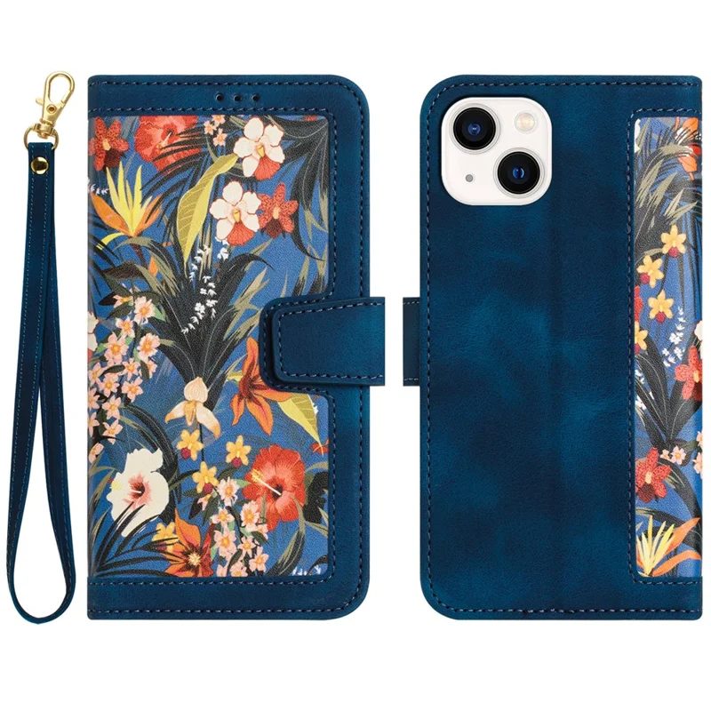 Card Slots Stand Phone Cover for iPhone 15 Plus , Flower Pattern Printing PU Leather Phone Case - Dark Blue