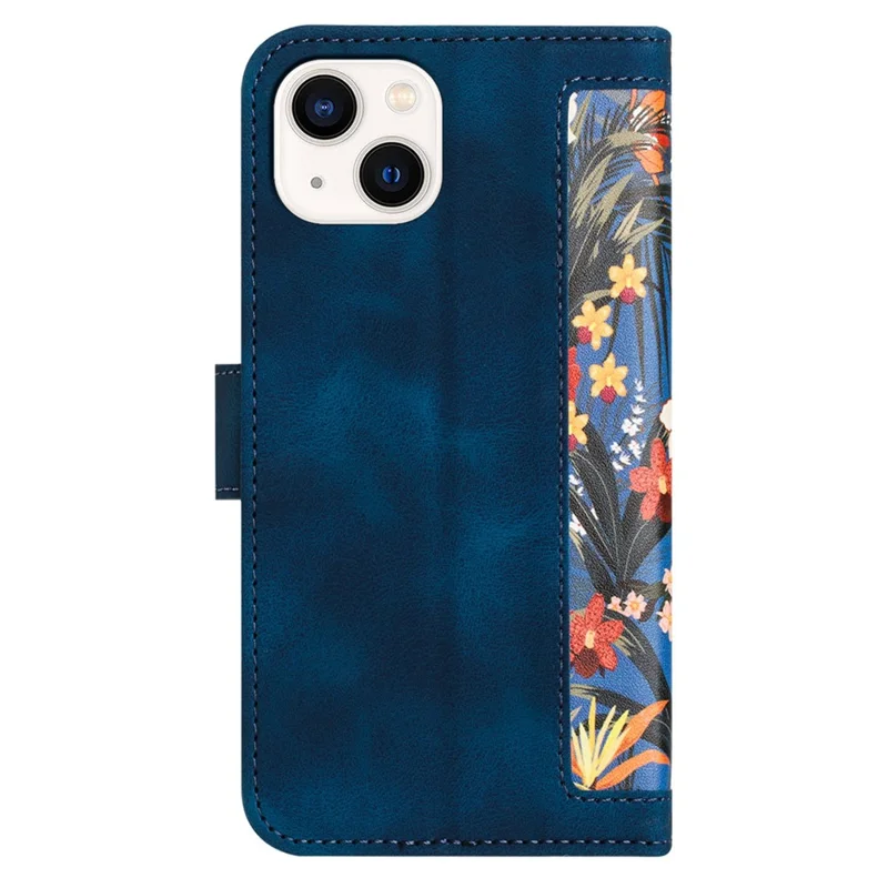 Card Slots Stand Phone Cover for iPhone 15 Plus , Flower Pattern Printing PU Leather Phone Case - Dark Blue