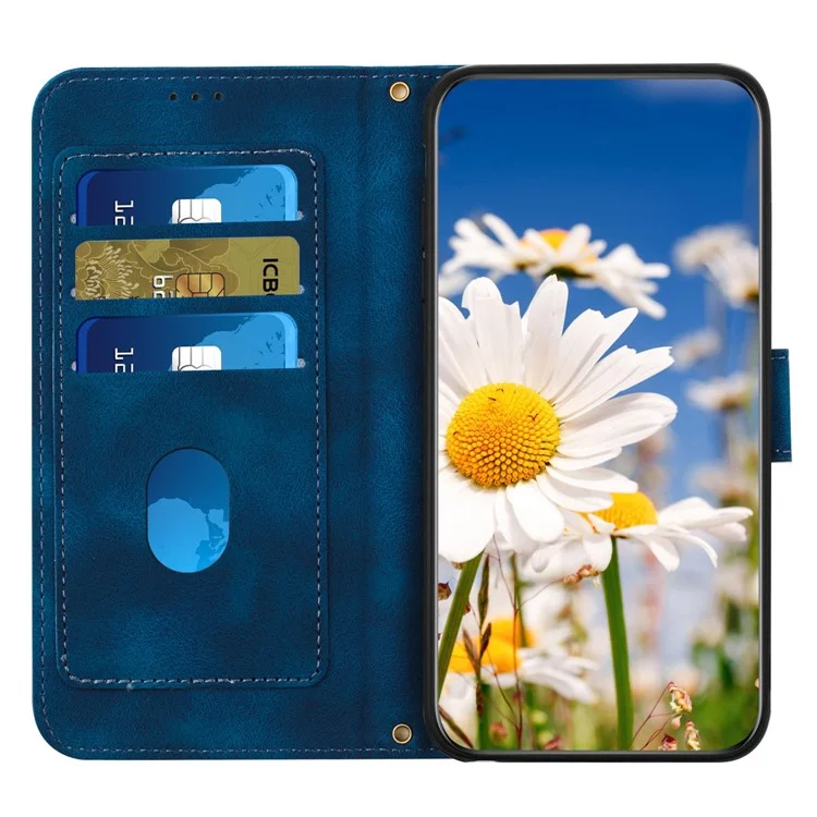 Card Slots Stand Phone Cover for iPhone 15 Plus , Flower Pattern Printing PU Leather Phone Case - Dark Blue