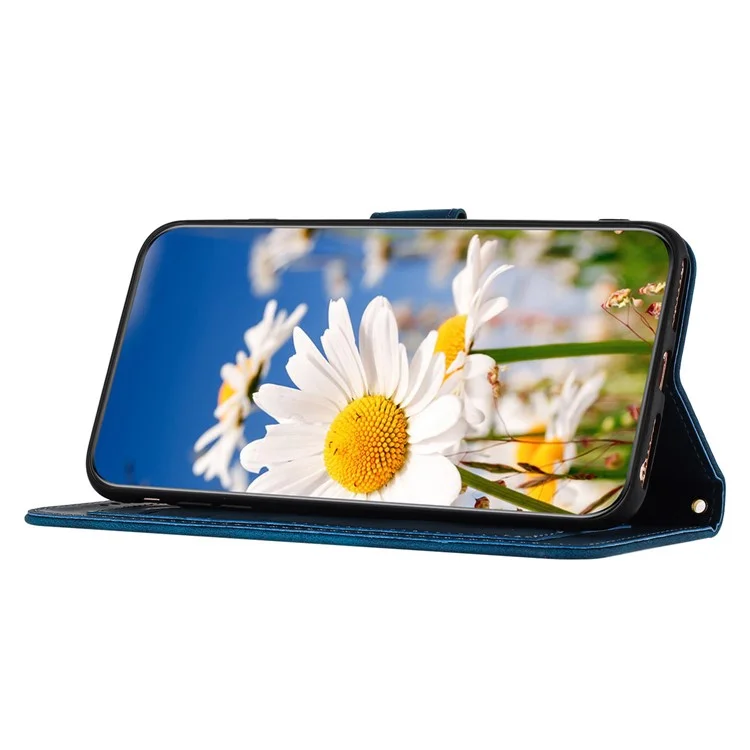 Card Slots Stand Phone Cover for iPhone 15 Plus , Flower Pattern Printing PU Leather Phone Case - Dark Blue
