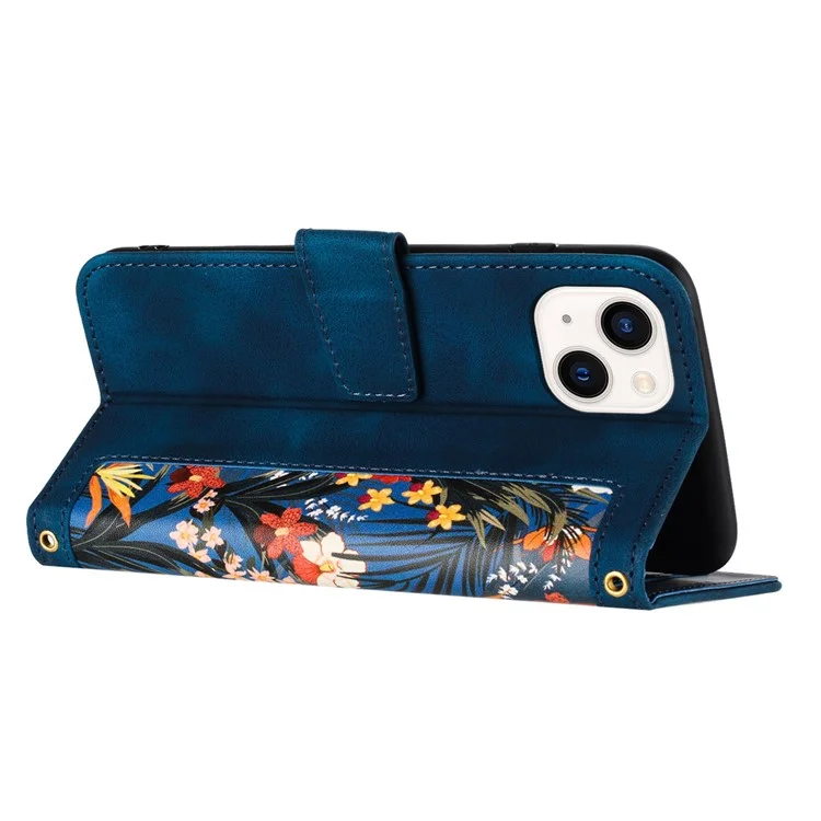 Card Slots Stand Phone Cover for iPhone 15 Plus , Flower Pattern Printing PU Leather Phone Case - Dark Blue