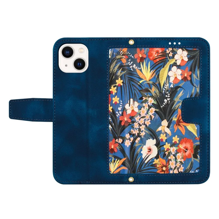 Card Slots Stand Phone Cover for iPhone 15 Plus , Flower Pattern Printing PU Leather Phone Case - Dark Blue