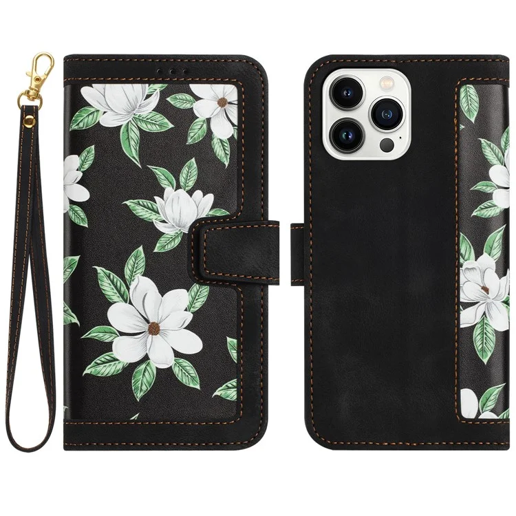 PU Leather Card Holder Case per iPhone 15 Pro Max, Flower Pattern Printing Stand Phone Cover - Nero