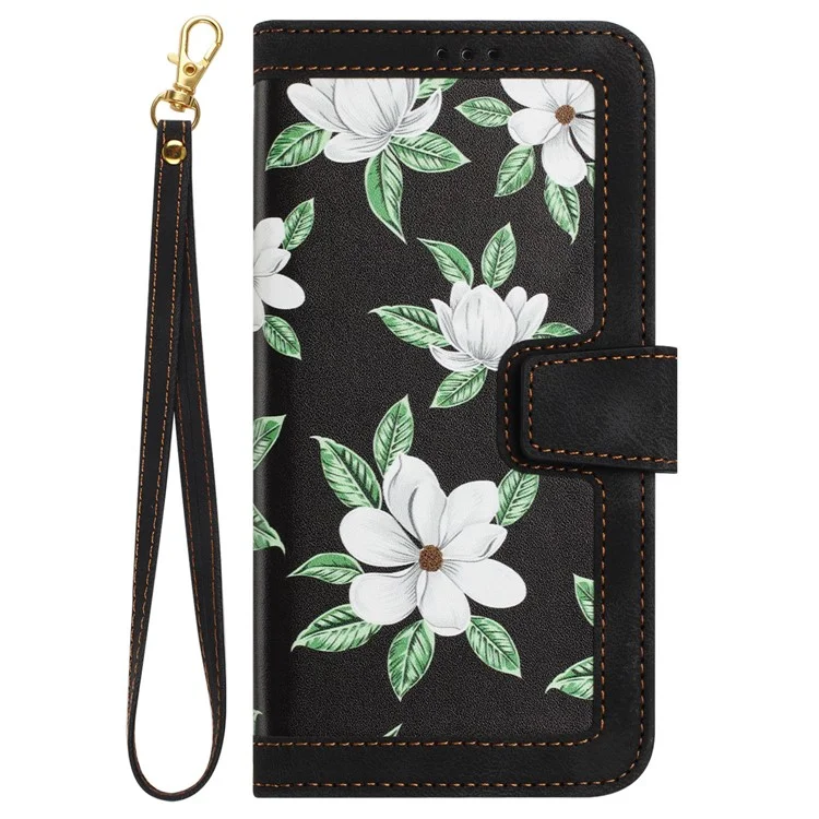 PU Leather Card Holder Case per iPhone 15 Pro Max, Flower Pattern Printing Stand Phone Cover - Nero
