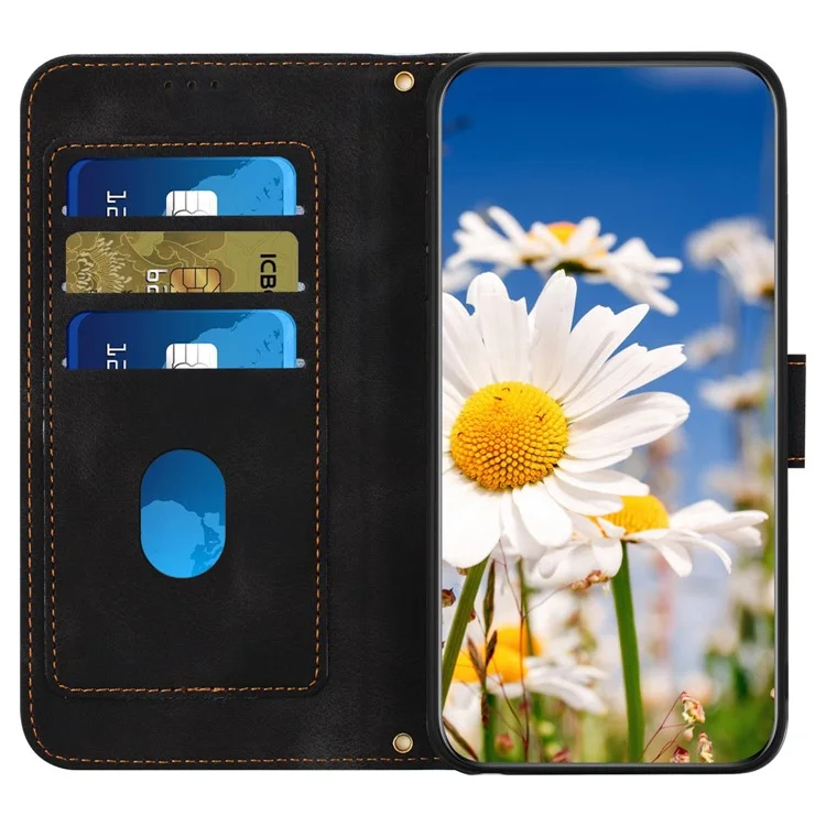 PU Leather Card Holder Case per iPhone 15 Pro Max, Flower Pattern Printing Stand Phone Cover - Nero