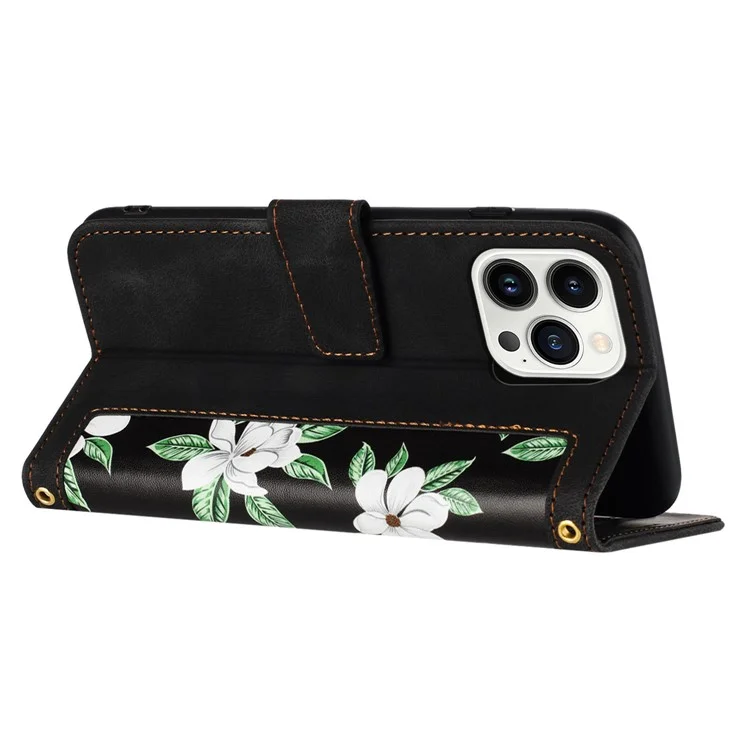 PU Leather Card Holder Case per iPhone 15 Pro Max, Flower Pattern Printing Stand Phone Cover - Nero