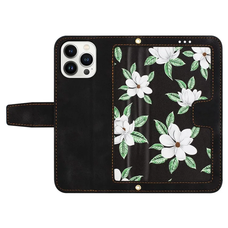 PU Leather Card Holder Case per iPhone 15 Pro Max, Flower Pattern Printing Stand Phone Cover - Nero