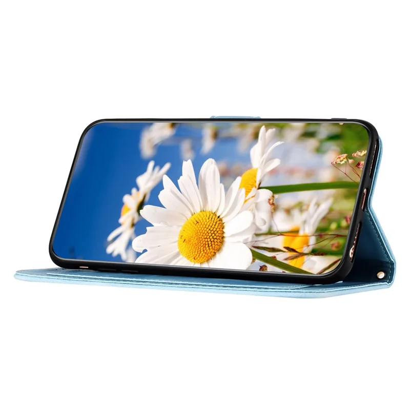 PU Leather Card Holder Case for iPhone 15 Pro Max , Flower Pattern Printing Stand Phone Cover - Baby Blue