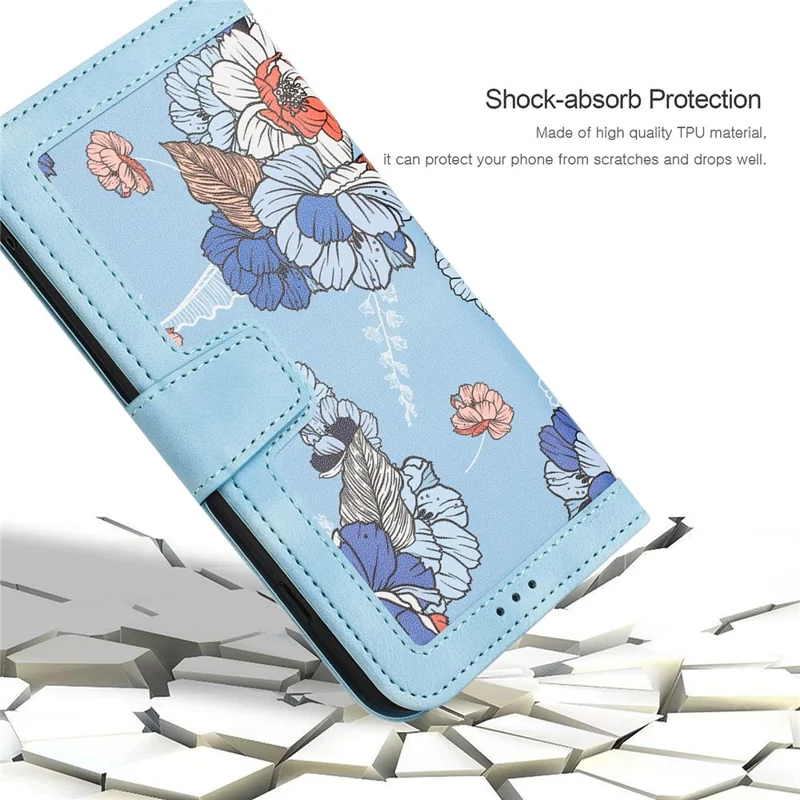 PU Leather Card Holder Case for iPhone 15 Pro Max , Flower Pattern Printing Stand Phone Cover - Baby Blue