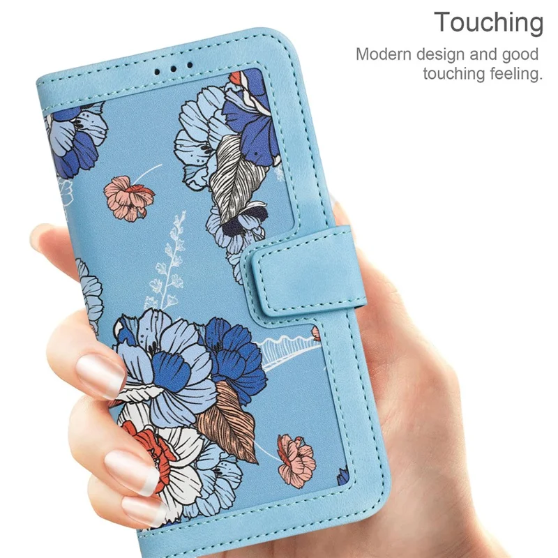 PU Leather Card Holder Case for iPhone 15 Pro Max , Flower Pattern Printing Stand Phone Cover - Baby Blue