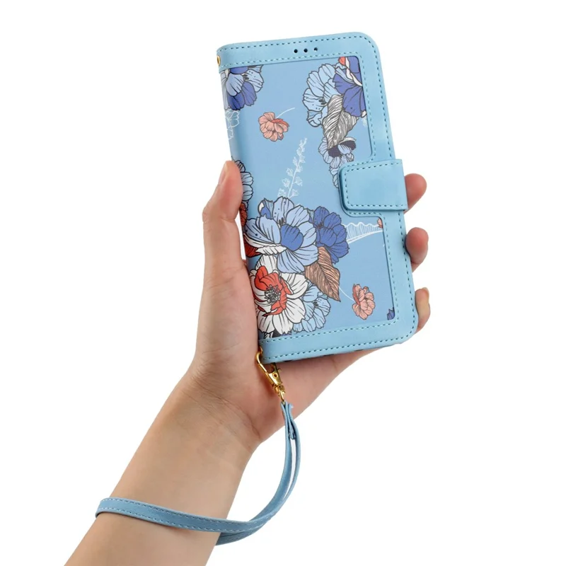 PU Leather Card Holder Case for iPhone 15 Pro Max , Flower Pattern Printing Stand Phone Cover - Baby Blue