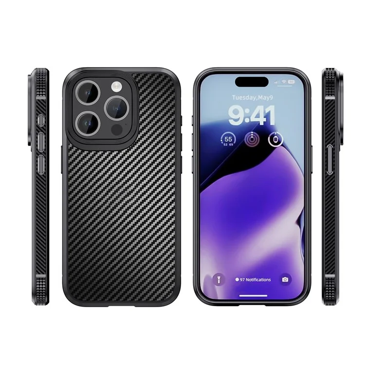 IPAKY Carbon Fiber Texture Phone Case für iPhone 15 Pro, TPU + PC Schutzhülle - Blau