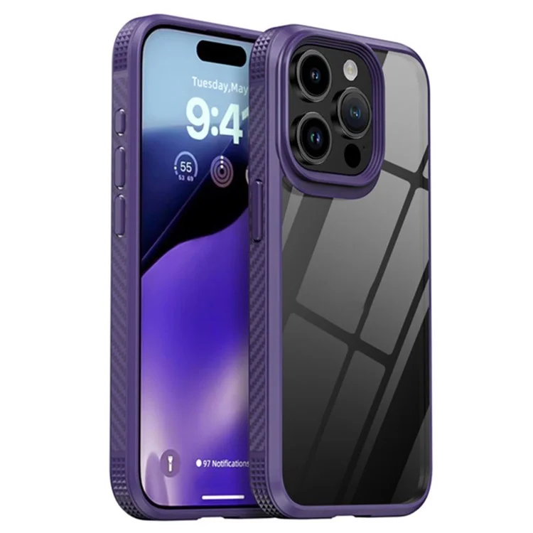IPAKY For iPhone 15 Pro Max Transparent TPU + PC Cover Carbon Fiber Anti-slip Edge Phone Case - Purple