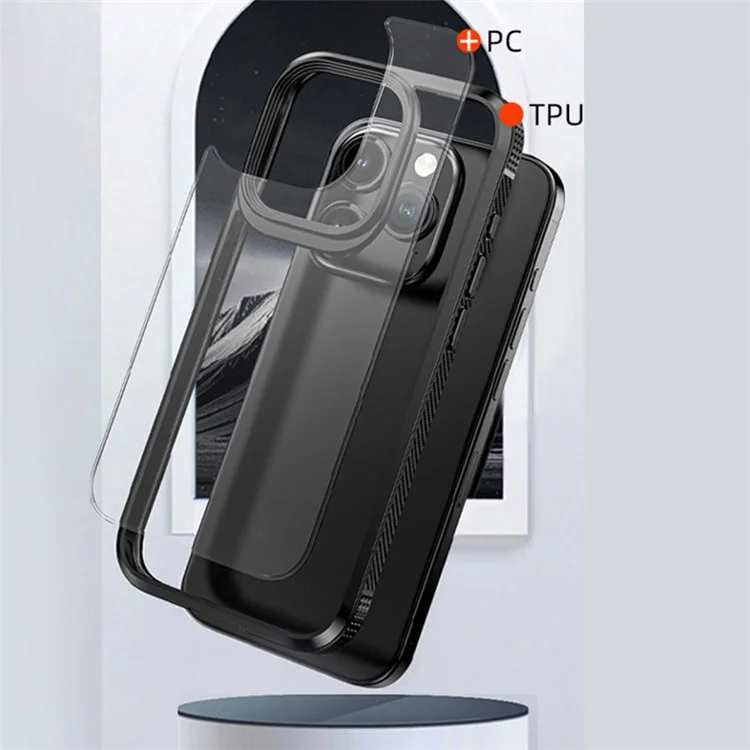 IPAKY For iPhone 15 Pro Max Transparent TPU + PC Cover Carbon Fiber Anti-slip Edge Phone Case - Purple