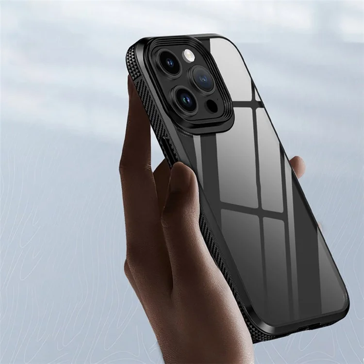 IPAKY For iPhone 15 Pro Max Transparent TPU + PC Cover Carbon Fiber Anti-slip Edge Phone Case - Purple