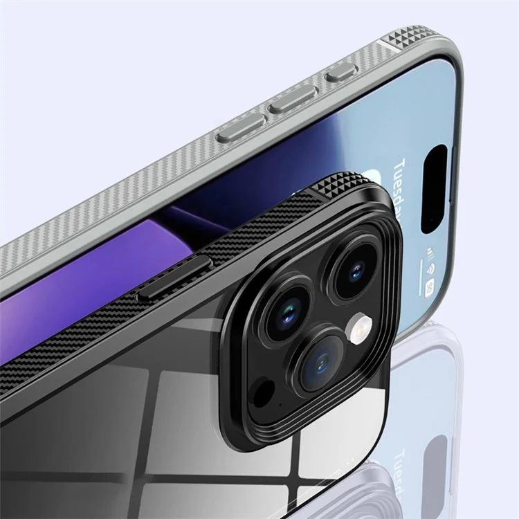 IPAKY For iPhone 15 Pro Max Transparent TPU + PC Cover Carbon Fiber Anti-slip Edge Phone Case - Purple