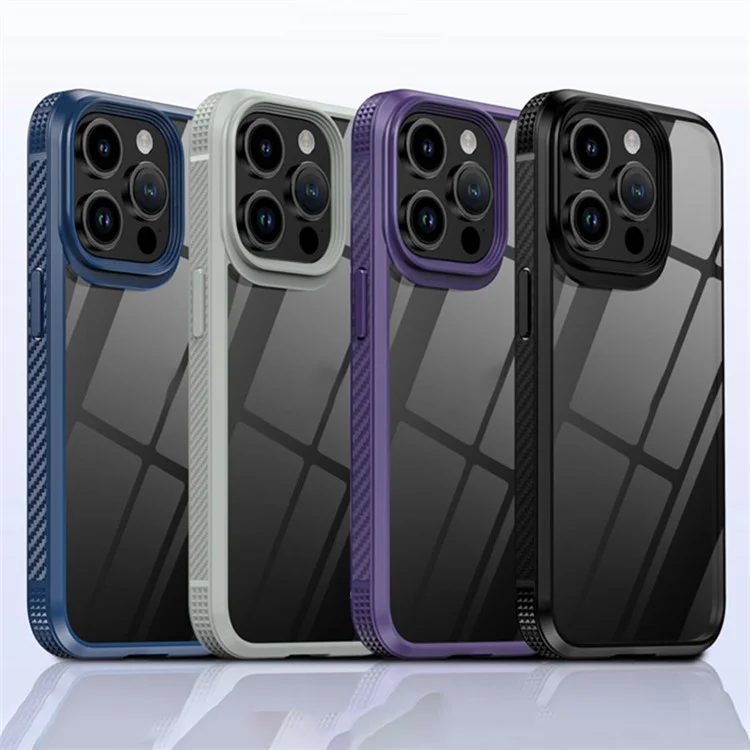 IPAKY For iPhone 15 Pro Max Transparent TPU + PC Cover Carbon Fiber Anti-slip Edge Phone Case - Purple