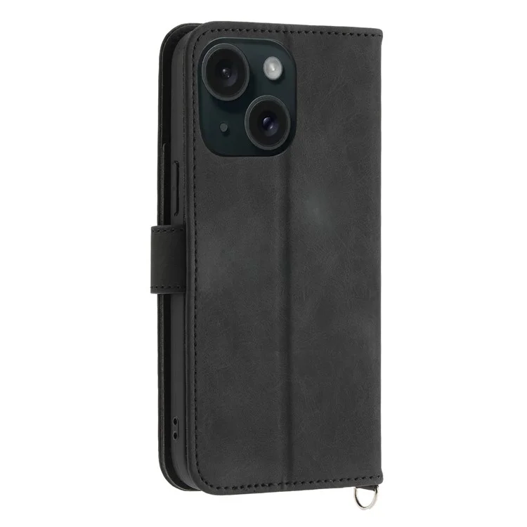 For iPhone 15 Plus Leather Phone Case Wallet Stand Flower Imprinted Cover with Wrist Strap + Shoulder Strap - Black