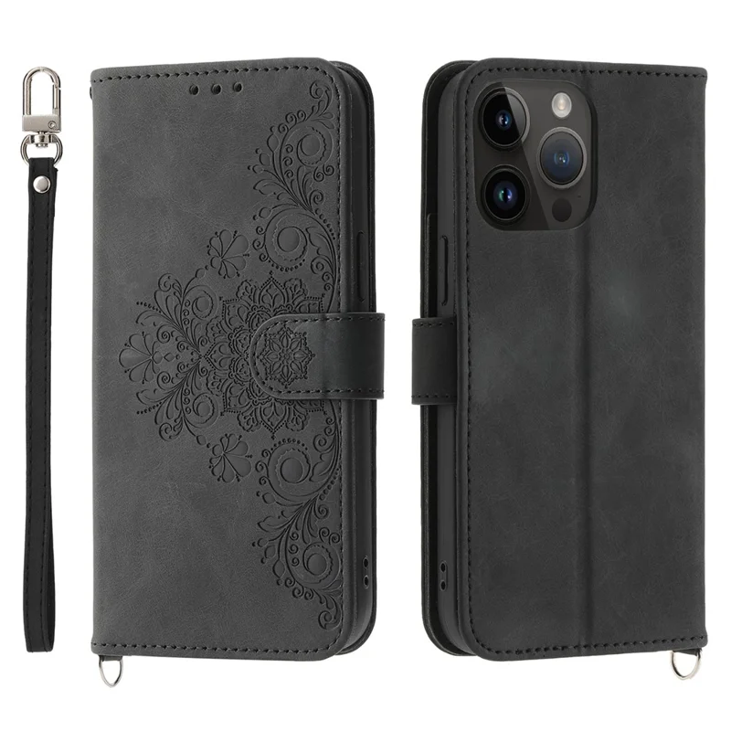 For iPhone 15 Pro Leather Flower Imprinted Case Wallet Stand Multiple Card Slot Wallet Phone Cover with Straps - Black
