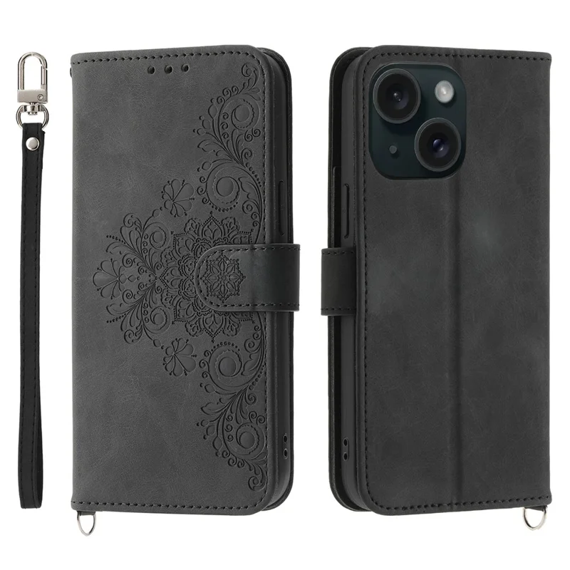 For iPhone 15 PU Leather Wallet Case Imprinted Flower Stand Phone Cover with Wrist Strap + Shoulder Strap - Black