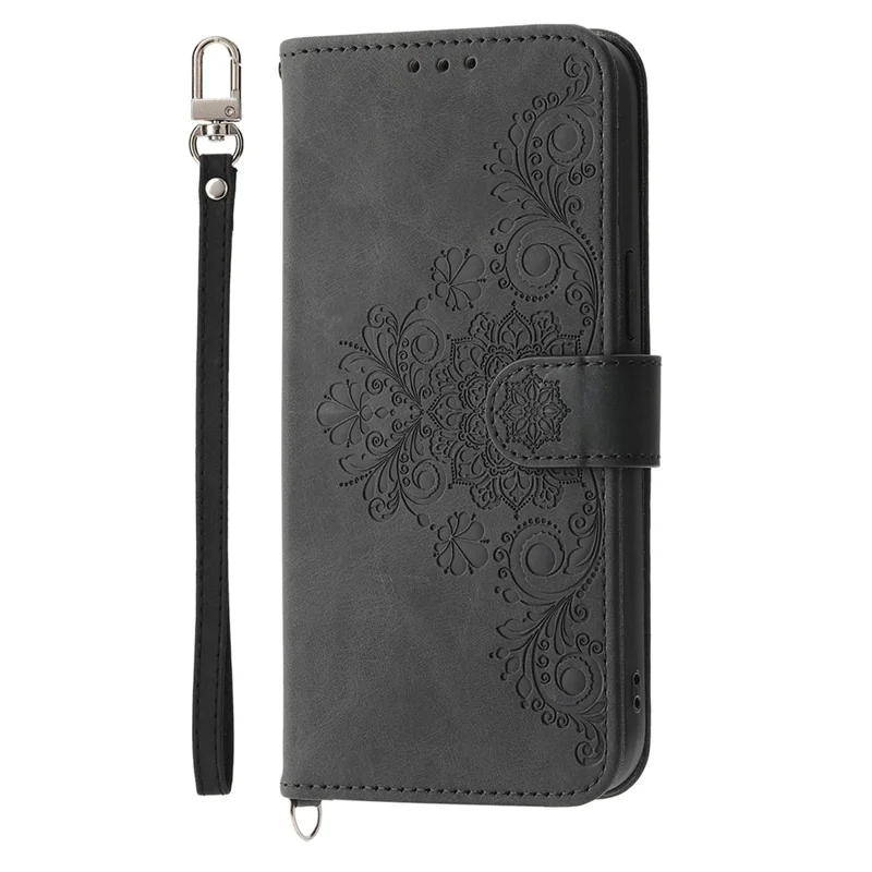 For iPhone 15 PU Leather Wallet Case Imprinted Flower Stand Phone Cover with Wrist Strap + Shoulder Strap - Black