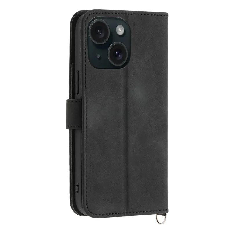 For iPhone 15 PU Leather Wallet Case Imprinted Flower Stand Phone Cover with Wrist Strap + Shoulder Strap - Black